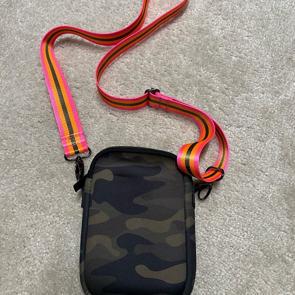 Haute Shore Cross Body in Camo with Bright Pink and Orange Strap